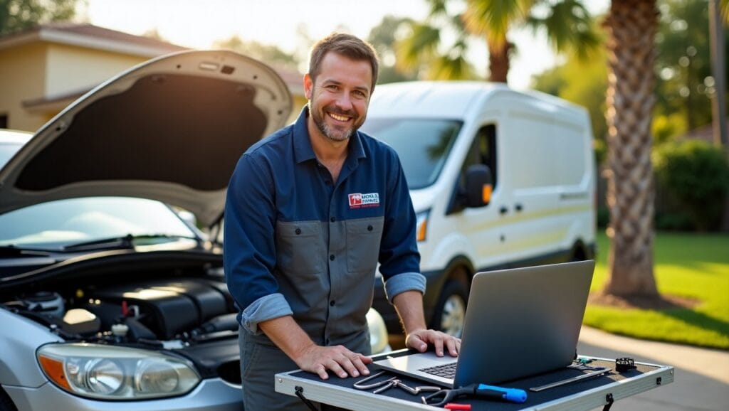 A clean, modern car repair service scene, showing a mobile mechanic in Tallahassee working on a car parked in a driveway. The mechanic, an experienced, friendly technician, is wearing a uniform