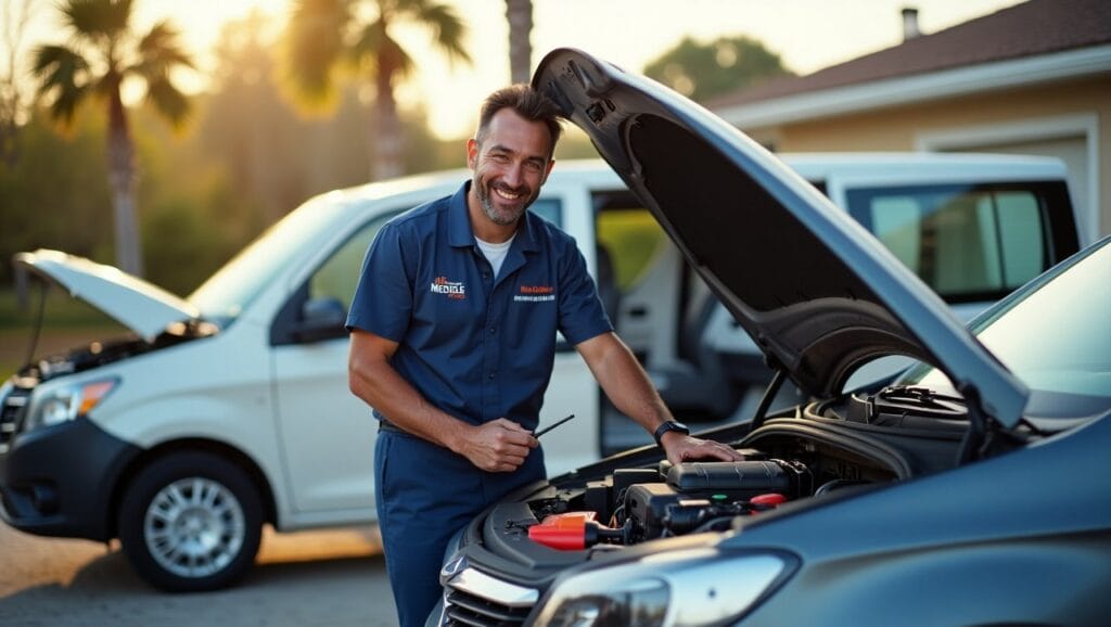 The mechanic's van is parked nearby, fully stocked with tools and equipment, showing the convenience and mobility of the service. The mechanic is smiling while working on the car, and there's a clear sense of professionalism and trustworthiness.